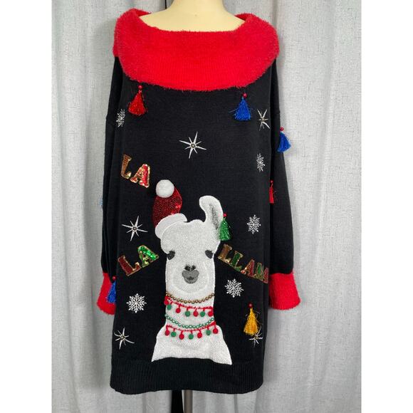 La Llama Plus Size, Ugly Christmas Sweater, Adorned with Tassels and Sequence - Picture 2 of 6